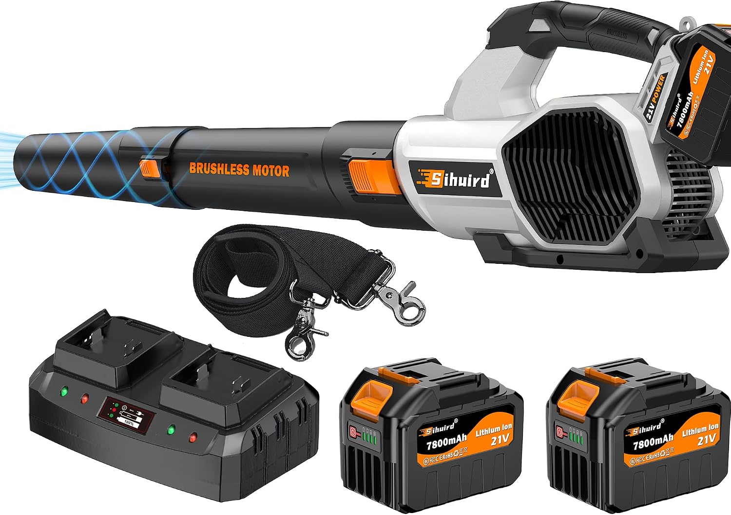 Sihuird Leaf Blower Cordless, 765CFM Electric Leaf Blowers with 2 x 7.8Ah Batteries and Dual Rapid Charger, 3- Speed & Turbo Mode, with LED lighting, 1 x Shoulder Strap, Blowers for Lawn Care - SL9501