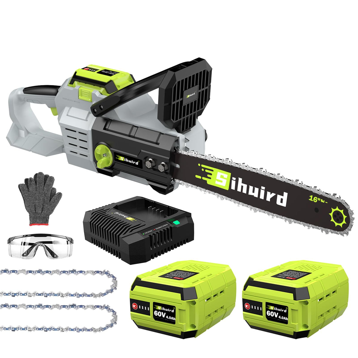 Sihuird 60V 18-Inch Cordless ChainSaw, Brushless Motor Electric Chainsaw with 2 x 6.0Ah Battery and Charger, Tool-free Chain Tension & Auto Lubrication for Tree, Wood Cutting, Courtyard, Household