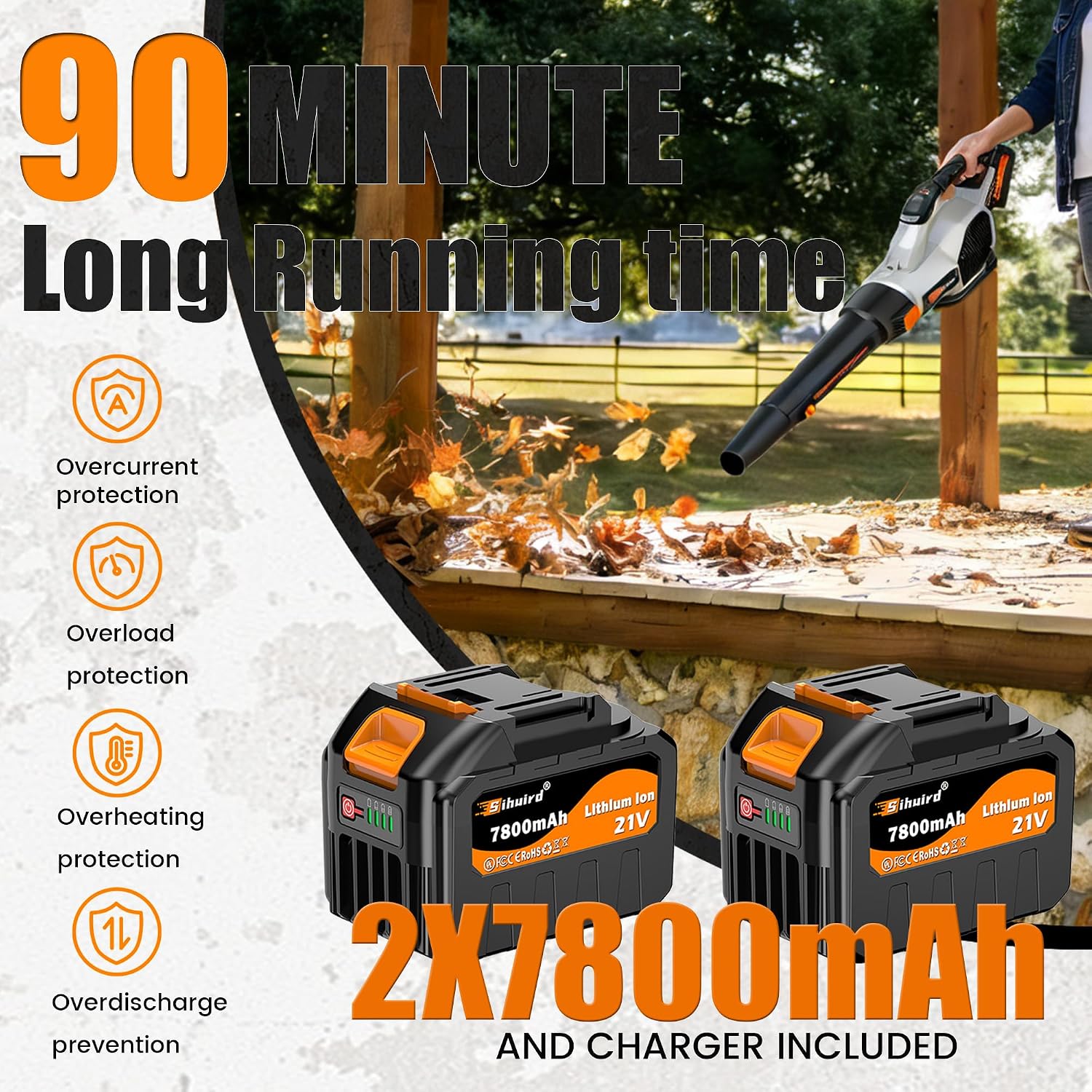 Sihuird Leaf Blower Cordless, 765CFM Electric Leaf Blowers with 2 x 7.8Ah Batteries and Dual Rapid Charger, 3- Speed & Turbo Mode, with LED lighting, 1 x Shoulder Strap, Blowers for Lawn Care - SL9501