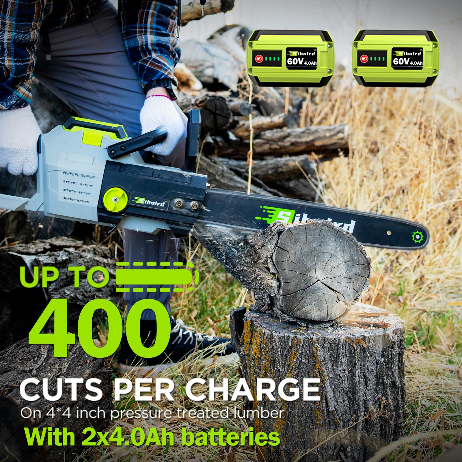 Sihuird 60V 18-Inch Cordless ChainSaw, Brushless Motor Electric Chainsaw with 2 x 6.0Ah Battery and Charger, Tool-free Chain Tension & Auto Lubrication for Tree, Wood Cutting, Courtyard, Household